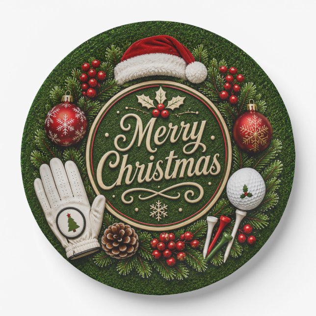 Prato De Papel Golfe tema de Natal em grama verde (Frente)