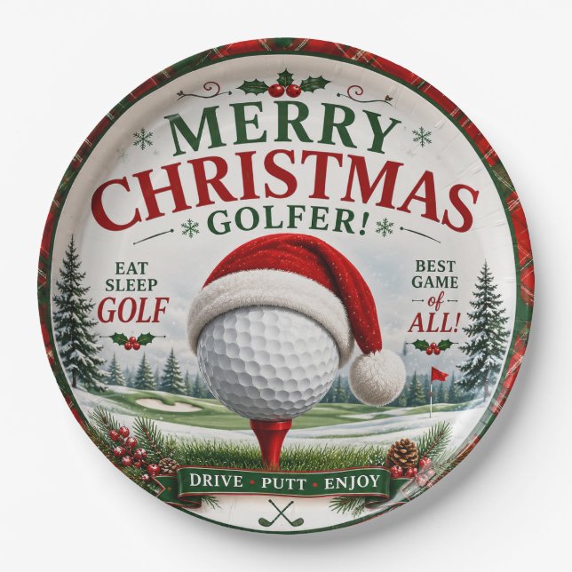 Prato De Papel Golfe tema de Natal para golfista (Frente)