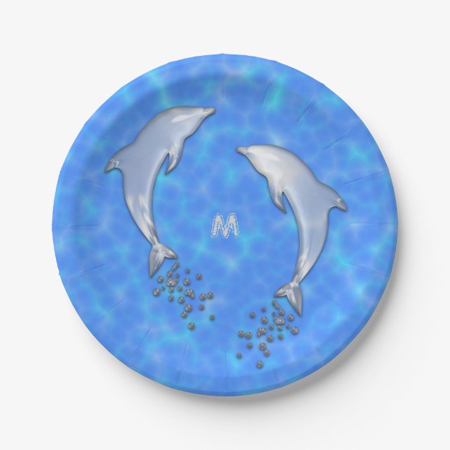 Prato De Papel Golfinho Azul De Rotação Com Monograma (Frente)
