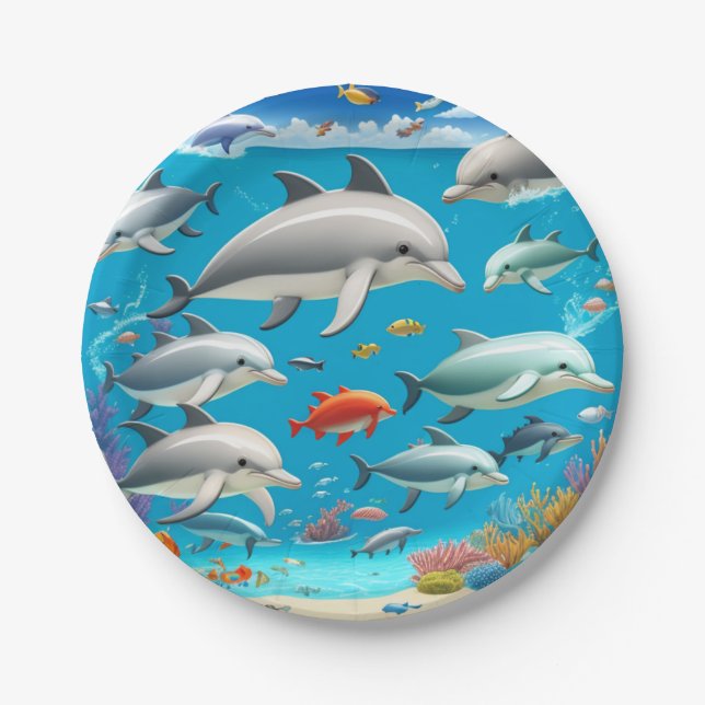 Prato De Papel Golfinhos oceano desenho animado (Frente)