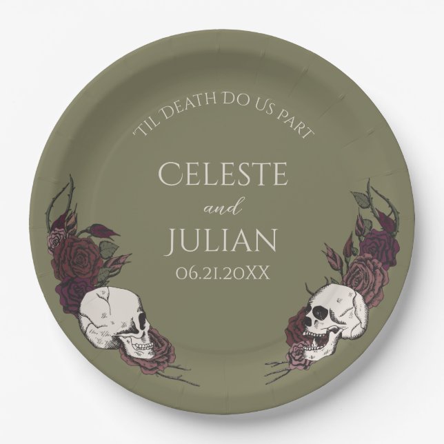 Prato De Papel Gothic Olive Green Floral Skull Wedding (Frente)