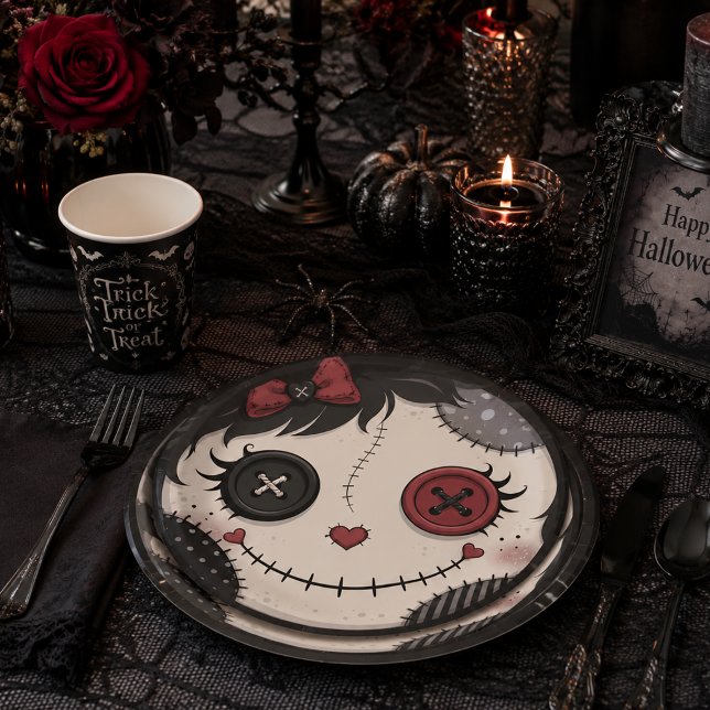 Prato De Papel Gótico Olhar de Boneca de Olho de Botão Halloween  (Criador carregado)
