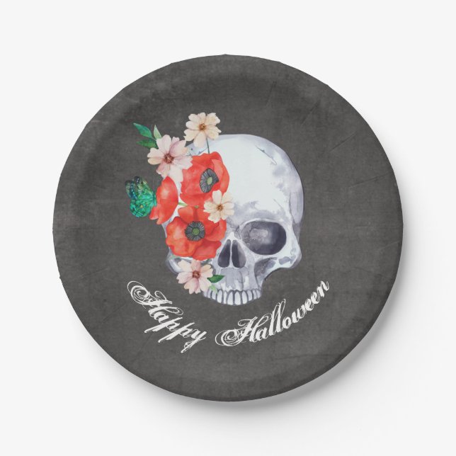 Prato De Papel Gótico Romance Floral Skull Halloween (Frente)