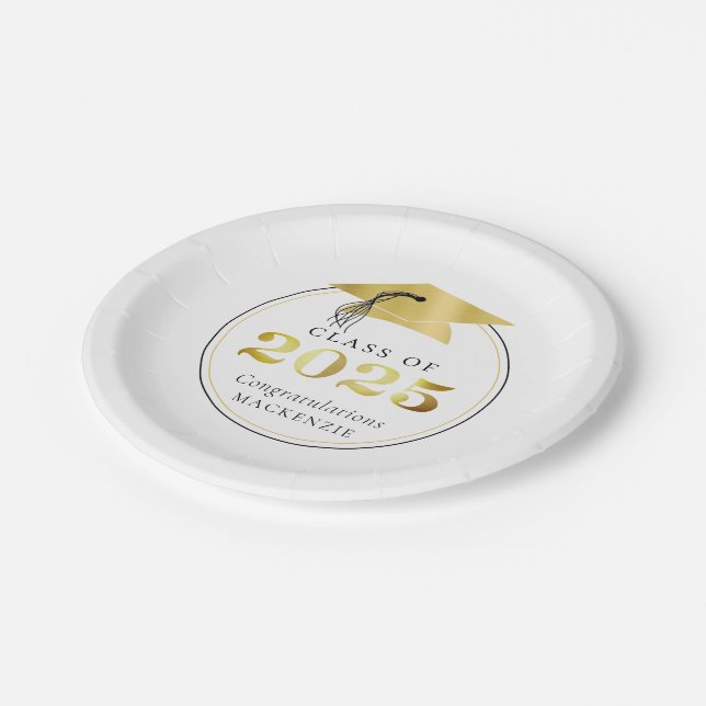 Prato De Papel Graduação 2025 Faux Dourado Personalizado Metálico (Inclinado)