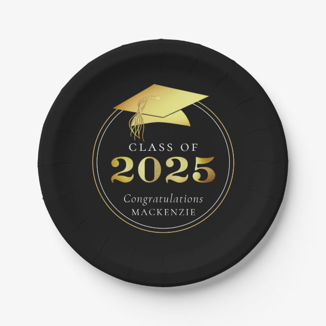 Prato De Papel Graduação 2025 Faux Preto Metálico Dourado (Frente)