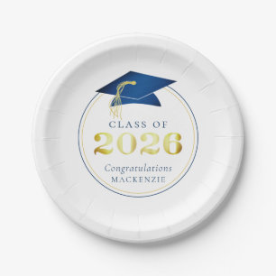 Prato De Papel Graduação 2026 Azul Metálico Falso Dourado