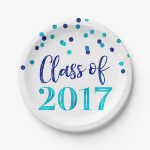 Prato De Papel Graduação azul 2017 dos confetes da aguarela