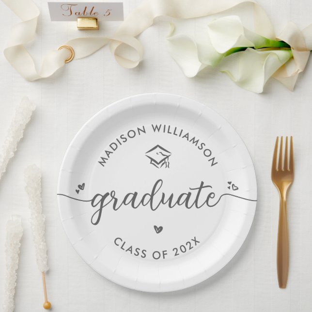 Prato De Papel Graduação Branca Cinza Script Corações Tope Divers (Casamento)