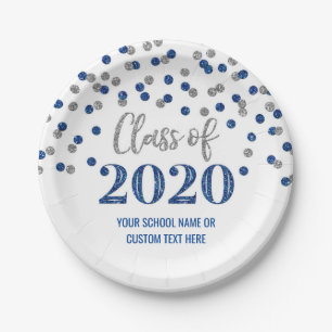 Prato De Papel Graduação de Confetti Azul Prata 2020