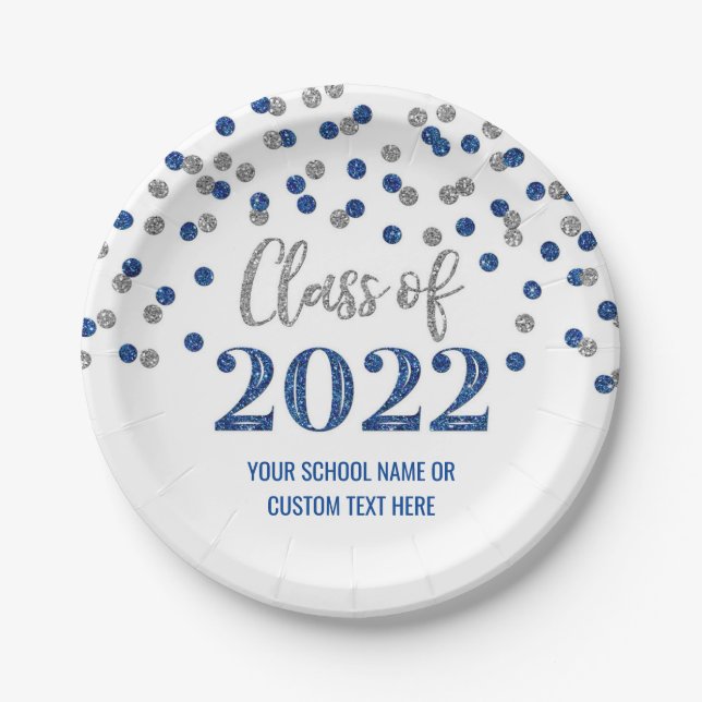 Prato De Papel Graduação de Confetti Blue Silver 2022 (Frente)