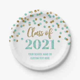 Prato De Papel Graduação de Confetti Dourada em Teal 2021