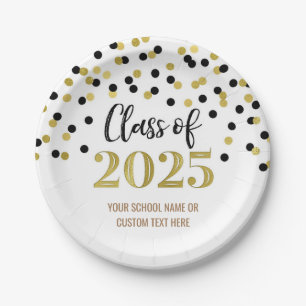 Prato De Papel Graduação de Confetti Preto Dourado 2025