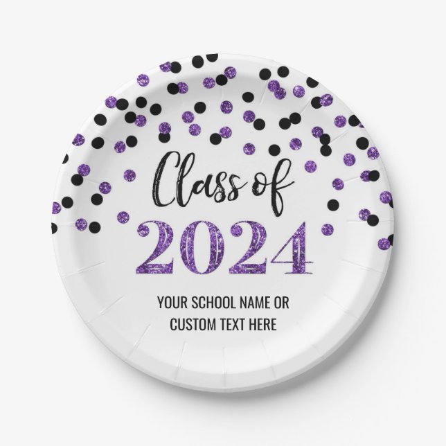 Prato De Papel Graduação de Confetti Roxo Negro 2024 (Frente)