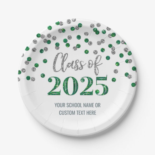 Prato De Papel Graduação de Confetti Silver Verde 2025 (Frente)