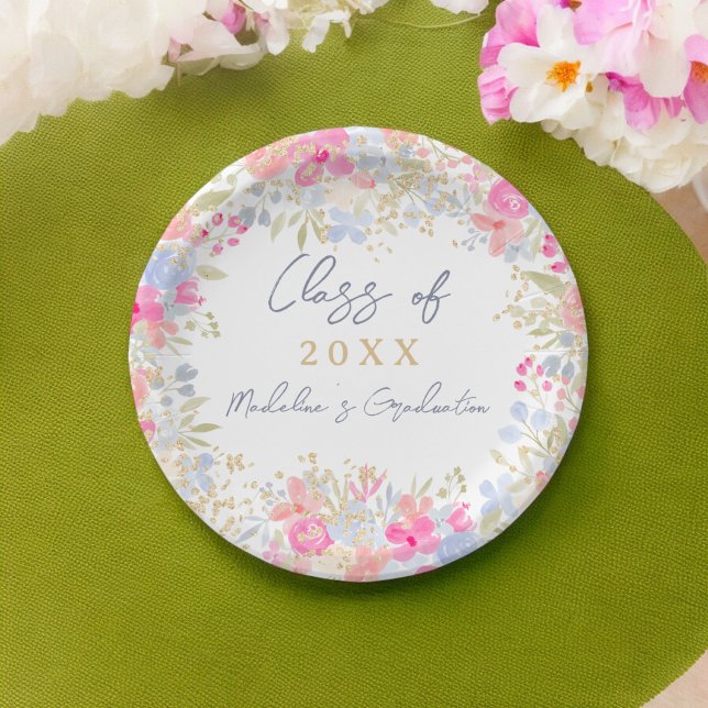 Prato De Papel Graduação de flores silvestres do Jardim Boho Past (Garden boho pastel wildflowers graduation paper plates)