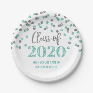 Prato De Papel Graduação de Teal Silver Confetti 2020