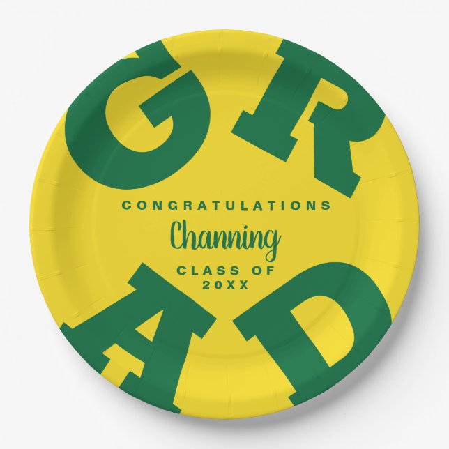 Prato De Papel Graduação de Texto Verde em Formando Amarelo (Frente)