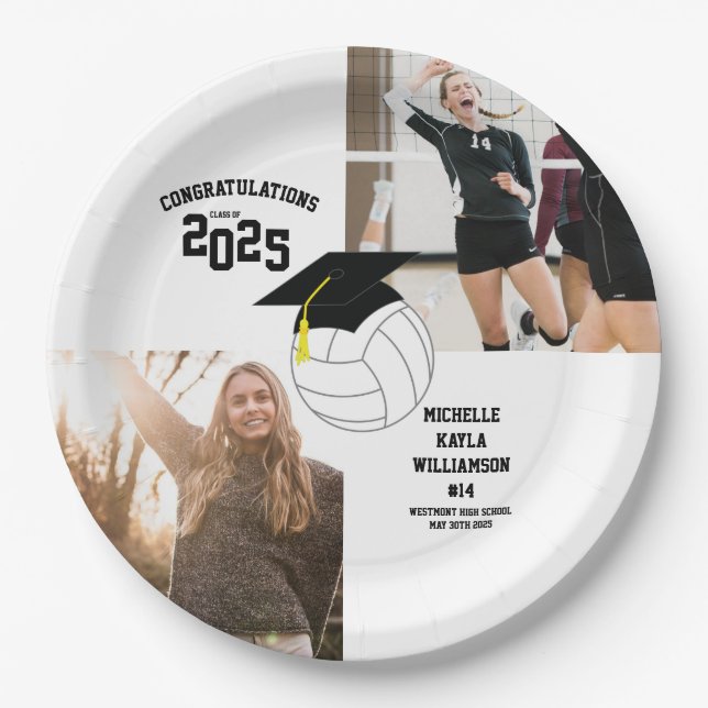 Prato De Papel Graduação de Voleibol White Negro (Frente)