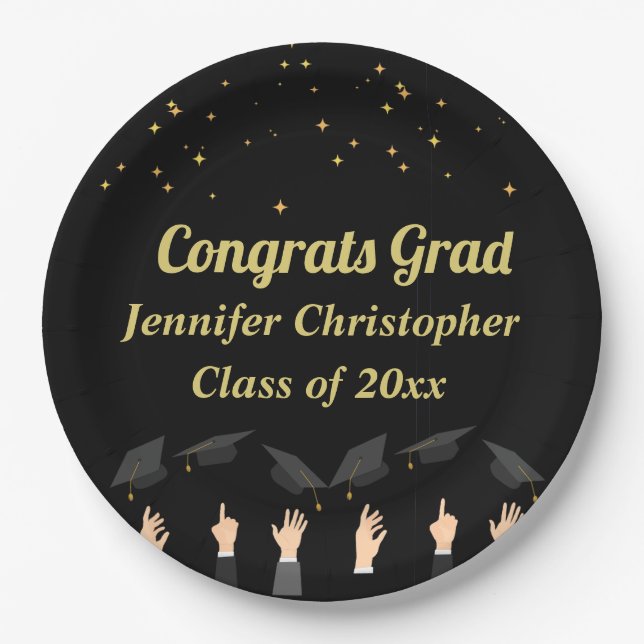 Prato De Papel Graduação Dourada e Preta Clássica Clássica Person (Frente)