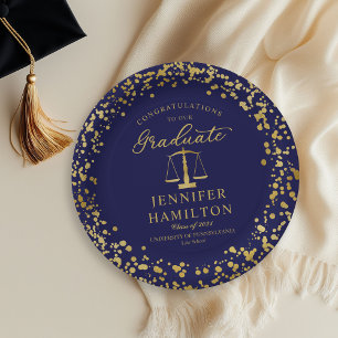 Prato De Papel Graduação Elegante Dourado Azul Escola de Direito 