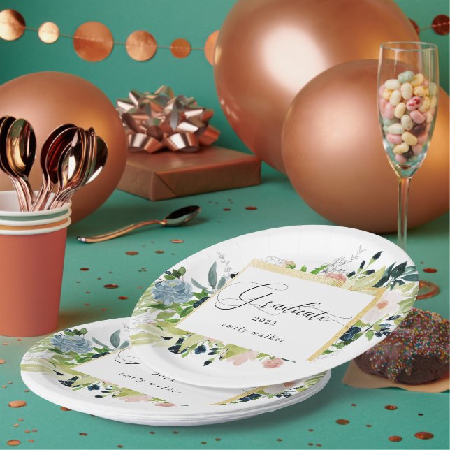 Prato De Papel Graduação Floral Blush Azul-Meia-Noite (Múltiplo)