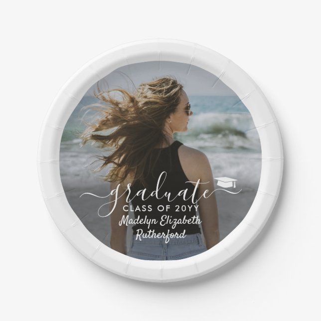 Prato De Papel Graduação Foto & Elegante White Script Classe Ano (Frente)