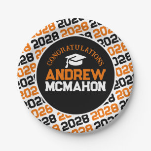 Prato De Papel Graduação Laranja, Branco e Preto Personalizada