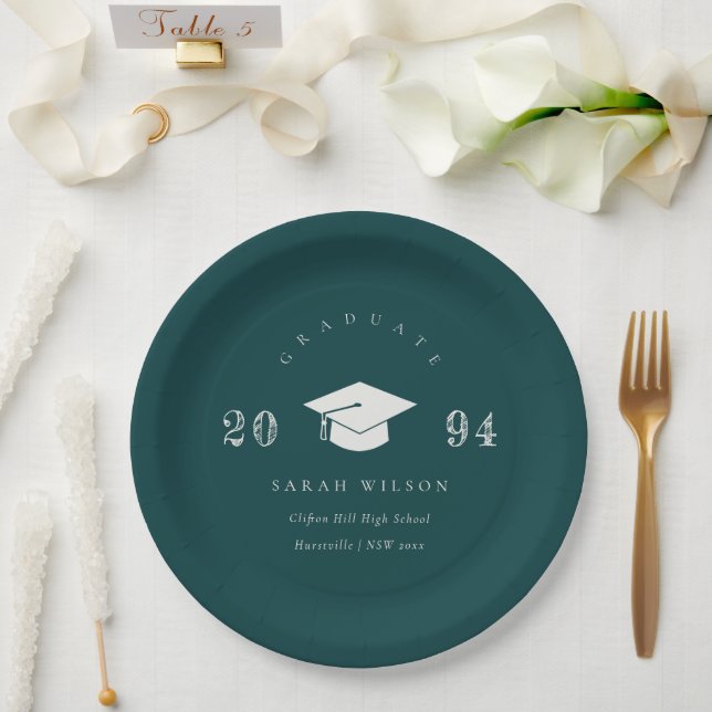 Prato De Papel Graduação Mínima Simples Verde de Garrafa Elegante (Casamento)