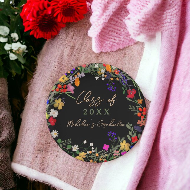 Prato De Papel Graduação moderna de flores silvestres de chic boh (Modern chic boho wildflowers graduation paper plates black)