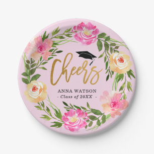 Prato De Papel Graduação Personalizada de Saúde Dourada Floral