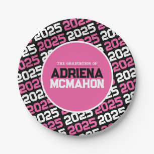 Prato De Papel Graduação Personalizada Rosa Quente e Preta