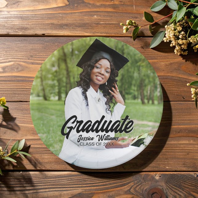 Prato De Papel Graduate Photo Bold Black Script Graduation Party (Criador carregado)