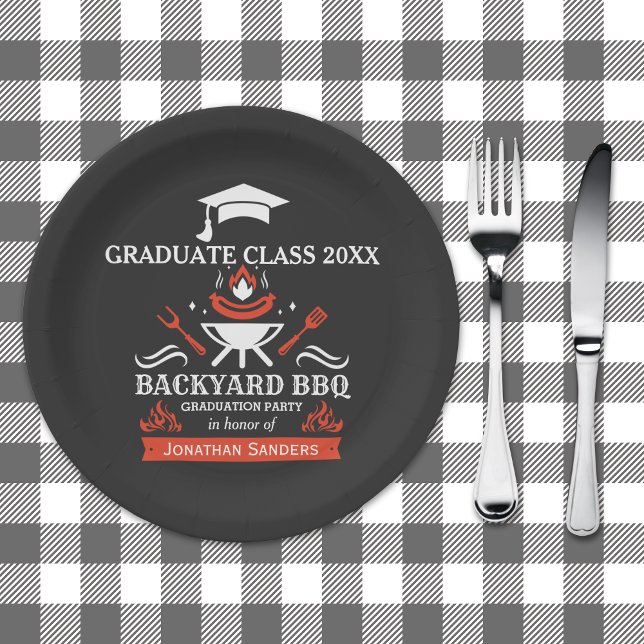 Prato De Papel Graduation BBQ Party Backyard Black (Criador carregado)