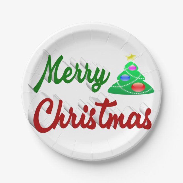 Prato De Papel Gráfico verde da Árvore Feliz de Natal (Frente)