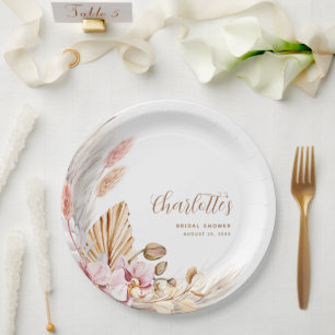 Prato De Papel Grama Floral Pampas Rosa Boho   CHÁ DE PANELA