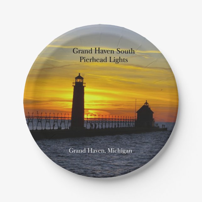 Prato De Papel Grand Haven South Pierhead Lights sunset plate (Frente)