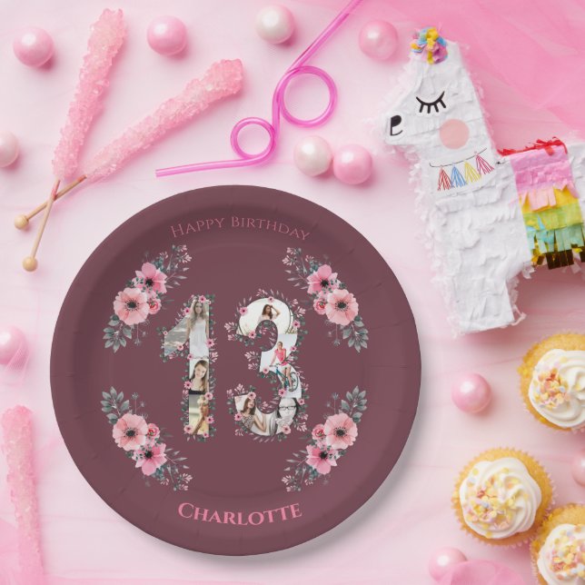 Prato De Papel Grande 13 de Aniversário Foto Collage Girl Pink Fl (Festa)