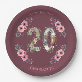 Prato De Papel Grande 20 de Aniversário Foto Collage Pink Flower