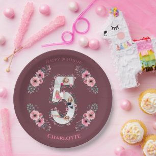Prato De Papel Grande 5 Birthday Rapariga Fotografia Collage Flor