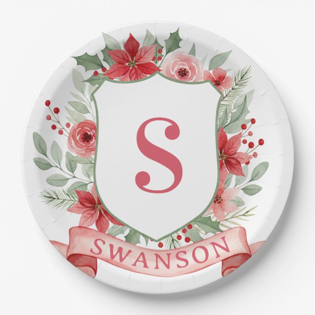 Prato De Papel Grandmillennial Holiday Crest | Christmas Monogram (Frente)