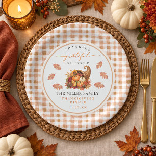 Prato De Papel Gratidão de Ação de Graças Gingham Cornucópia de O