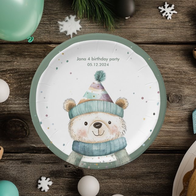 Prato De Papel Green Bear Birthday | Partido Wonderland de invern (Criador carregado)
