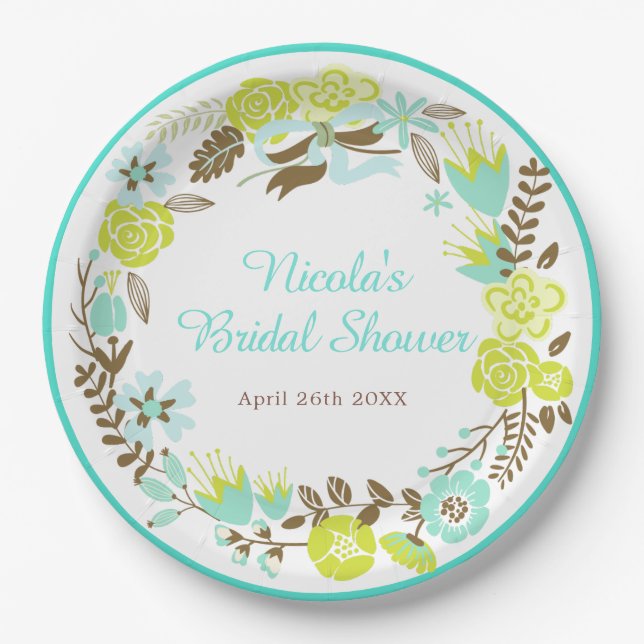 Prato De Papel Green & Brown Floral Wreath Bridal Shower (Frente)