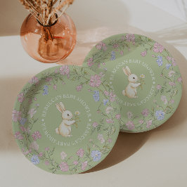 Prato De Papel Green Delicate Vintage Floral Bunny Baby Shower