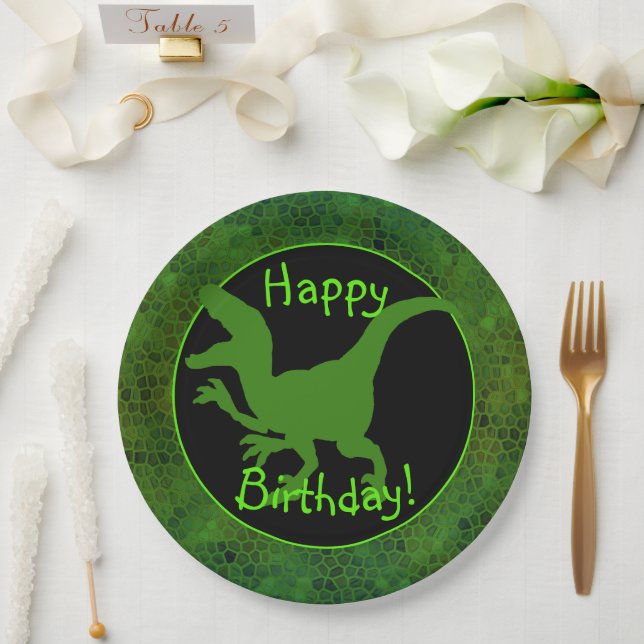 Prato De Papel Green Dinosaur Hide Happy Birthday! (Casamento)