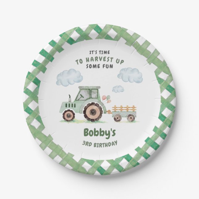 Prato De Papel Green Farm Tractor Boys Any Age Birthday (Frente)