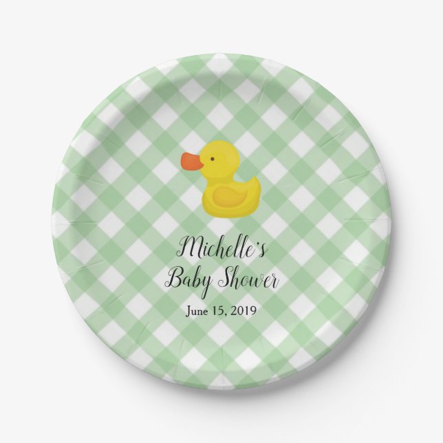 Prato De Papel Green Gingham Rubber Duckie Baby Shower (Frente)