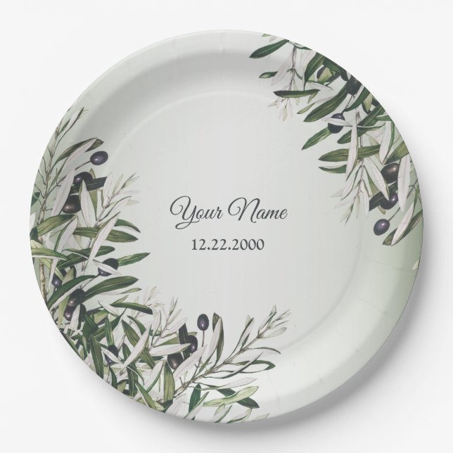Prato De Papel Green Leaves Black Olive Elegant Wedding Party (Frente)