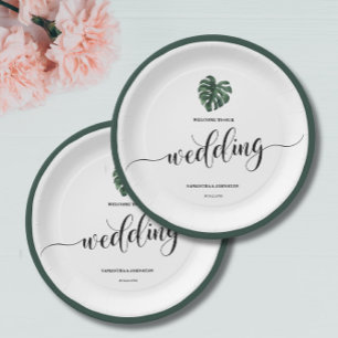 Prato De Papel Green Monstera Leaf White Paper Plates