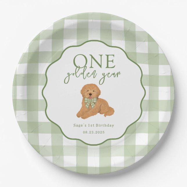 Prato De Papel Green One Golden Year Goldendoodle 1st Birthday (Frente)